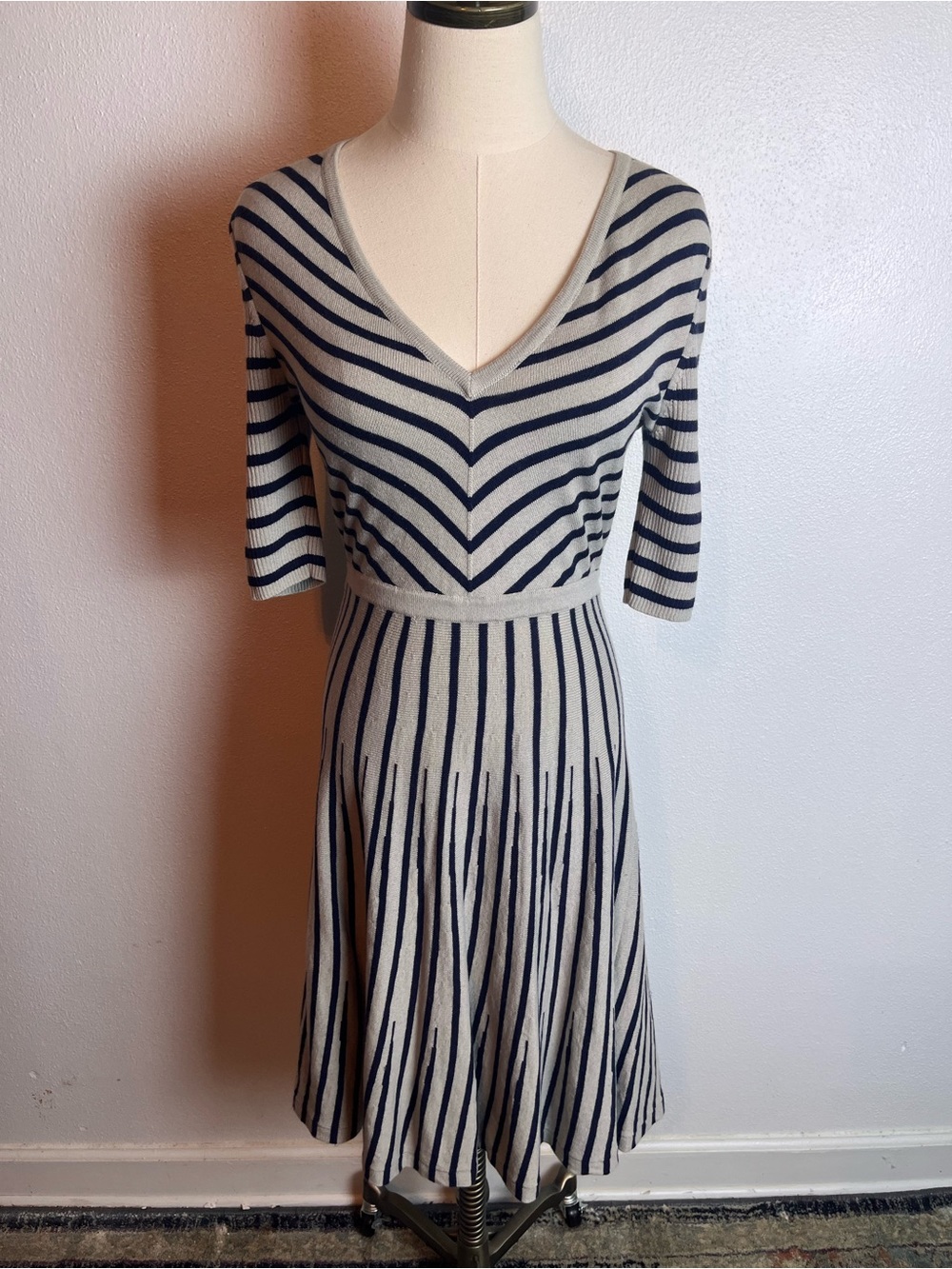 Boden Ivory and Navy Striped Knit V-Neck Midi Dress